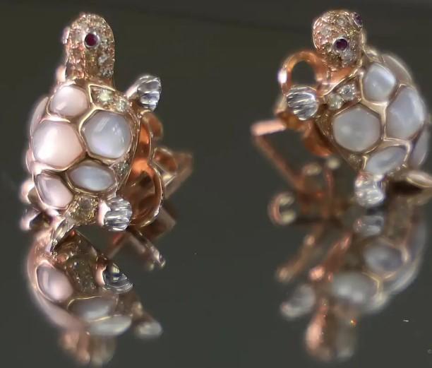 Turtles Fancy Diamond Red Ruby & White Pearl 18K Yellow Gold Animal Earrings