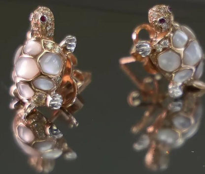 Turtles Fancy Diamond Red Ruby & White Pearl 18K Yellow Gold Animal Earrings