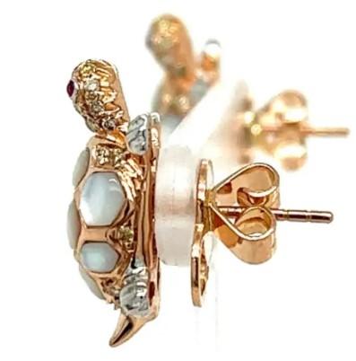 Turtles Fancy Diamond Red Ruby & White Pearl 18K Yellow Gold Animal Earrings