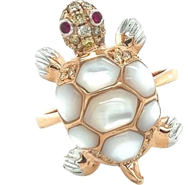 Turtle Fancy Diamond Ruby & White Pearl 18K Rose Gold Animal Ring