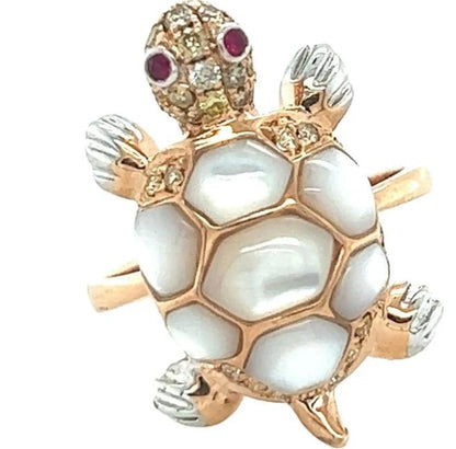 Turtle Fancy Diamond Ruby & White Pearl 18K Rose Gold Animal Ring