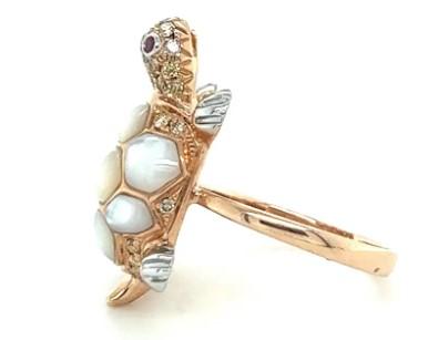 Turtle Fancy Diamond Ruby & White Pearl 18K Rose Gold Animal Ring