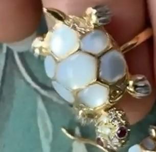 Turtle Fancy Diamond Ruby & White Pearl 18K Yellow Gold Animal Ring