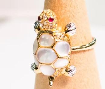 Turtle Fancy Diamond Ruby & White Pearl 18K Yellow Gold Animal Ring