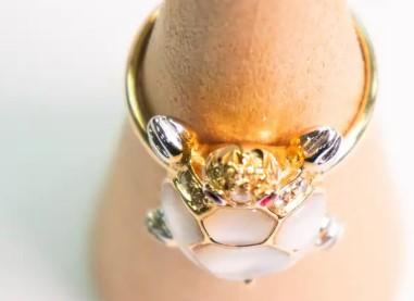 turtle fancy diamond ruby & white pearl 18k yellow gold animal ring