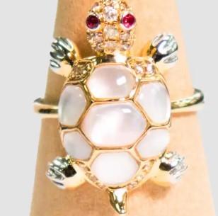 Turtle Fancy Diamond Ruby & White Pearl 18K Yellow Gold Animal Ring