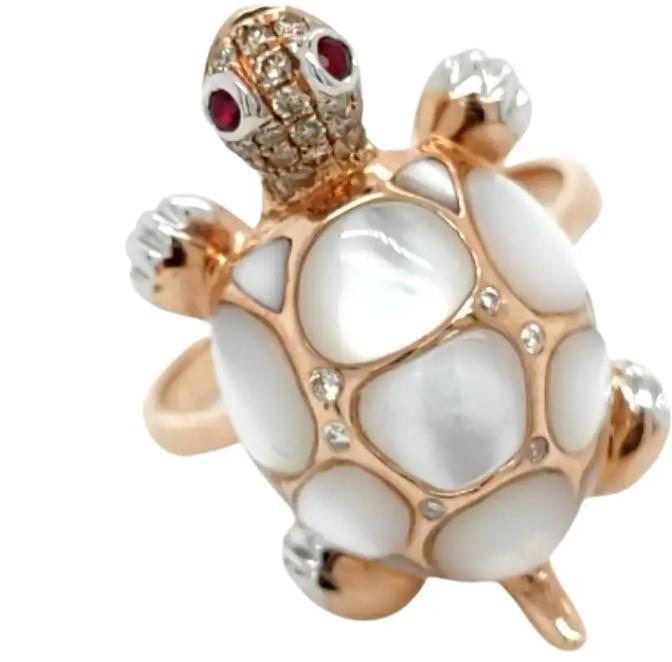 White Pearl  Fancy Diamond Ruby & White Diamond 18K Rose Gold Turtle Ring