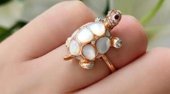 White Pearl  Fancy Diamond Ruby & White Diamond 18K Rose Gold Turtle Ring