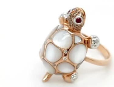 White Pearl  Fancy Diamond Ruby & White Diamond 18K Rose Gold Turtle Ring