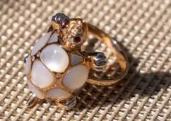 White Pearl  Fancy Diamond Ruby & White Diamond 18K Rose Gold Turtle Ring