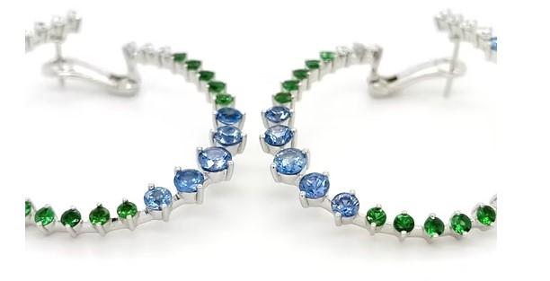 Blue Sapphire & Green Garnet & Diamond 18K White Gold Earrings
