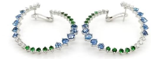 Blue Sapphire & Green Garnet & Diamond 18K White Gold Earrings