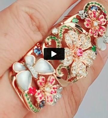 Multi Color Rainbow Gem & Fancy Diamond  lower 18K Rose Gold Full Finger Ring