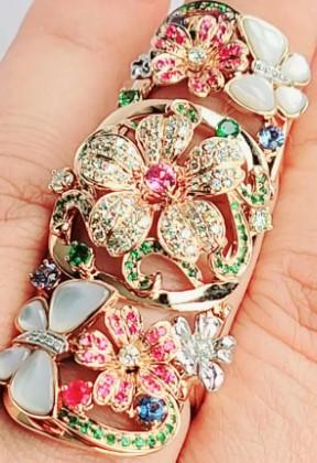 Multi Color Rainbow Gem & Fancy Diamond  lower 18K Rose Gold Full Finger Ring