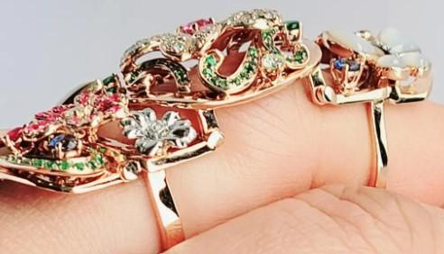 Multi Color Rainbow Gem & Fancy Diamond  lower 18K Rose Gold Full Finger Ring
