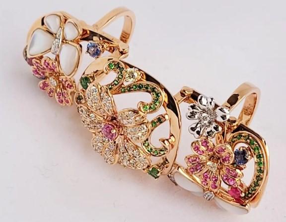 Multi Color Rainbow Gem & Fancy Diamond  lower 18K Rose Gold Full Finger Ring