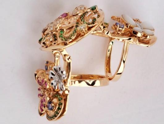 Multi Color Rainbow Gem & Fancy Diamond  lower 18K Rose Gold Full Finger Ring