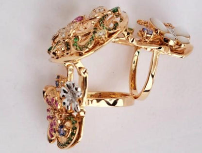 Multi Color Rainbow Gem & Fancy Diamond  lower 18K Rose Gold Full Finger Ring