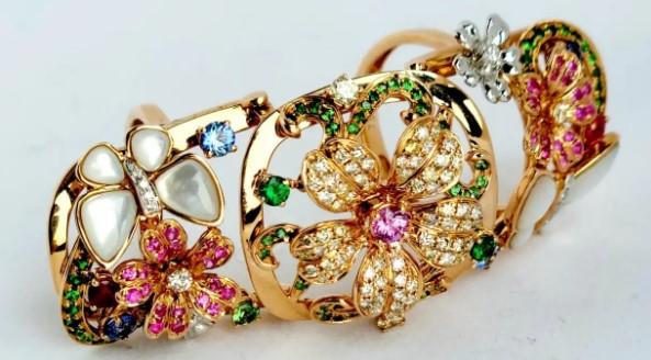 Multi Color Rainbow Gem & Fancy Diamond  lower 18K Rose Gold Full Finger Ring
