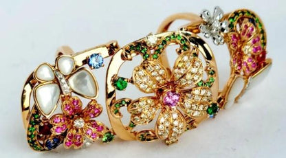 Multi Color Rainbow Gem & Fancy Diamond  lower 18K Rose Gold Full Finger Ring