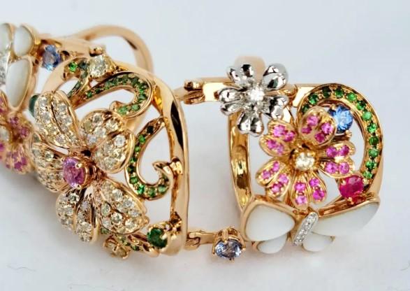 Multi Color Rainbow Gem & Fancy Diamond  lower 18K Rose Gold Full Finger Ring