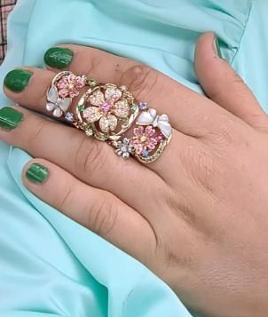 Multi Color Rainbow Gem & Fancy Diamond  lower 18K Rose Gold Full Finger Ring