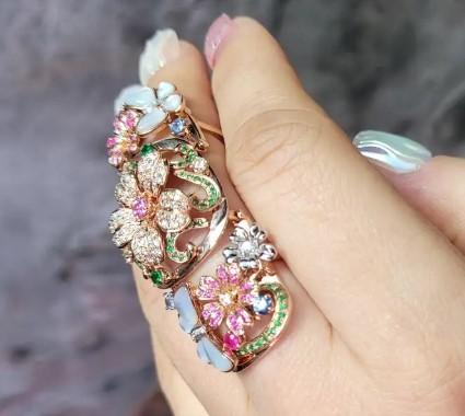 multi color rainbow gem & fancy diamond  lower 18k rose gold full finger ring