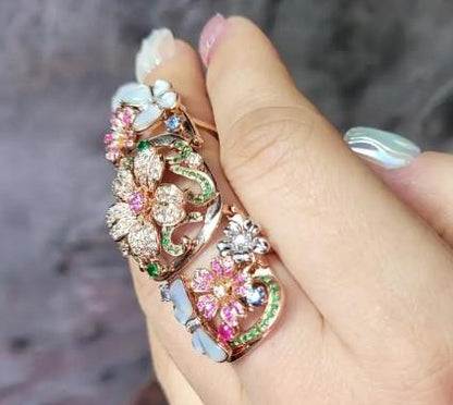 Multi Color Rainbow Gem & Fancy Diamond  lower 18K Rose Gold Full Finger Ring