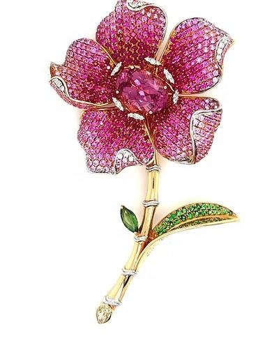 Pink Tourmaline & Ruby & Pink Sapphire & Multi Gem Floral Rose Gold Pin Brooch