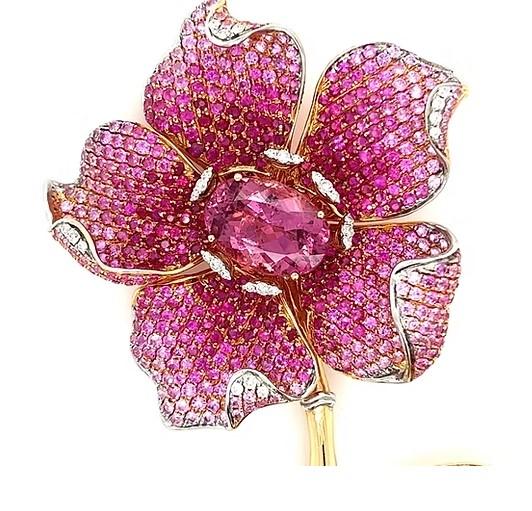 Pink Tourmaline & Ruby & Pink Sapphire & Multi Gem Floral Rose Gold Pin Brooch