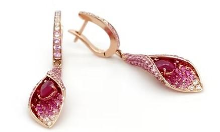 Pink Sapphire & Ruby & White Diamond Pave Set Floral 18K Rose Gold Drop Earrings
