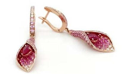 Pink Sapphire & Ruby & White Diamond Pave Set Floral 18K Rose Gold Drop Earrings