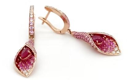 pink sapphire & ruby & white diamond pave set floral 18k rose gold drop earrings