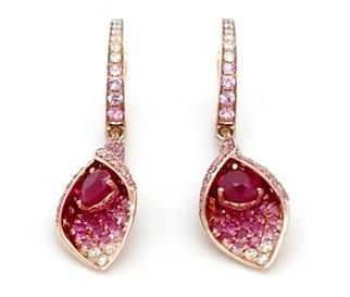 Pink Sapphire & Ruby & White Diamond Pave Set Floral 18K Rose Gold Drop Earrings