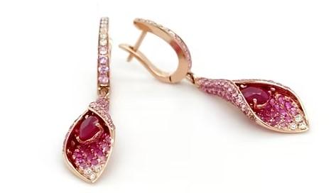 Pink Sapphire & Ruby & White Diamond Pave Set Floral 18K Rose Gold Drop Earrings