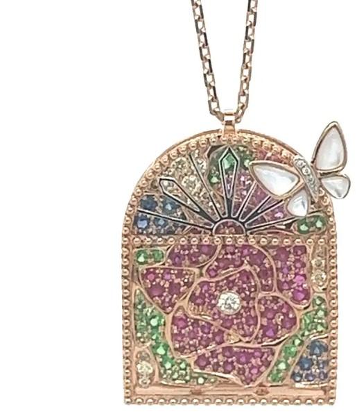 Multi-Gem & Sapphire Ruby Diamond Nature Floral Butterfly Gold Pendant Necklace