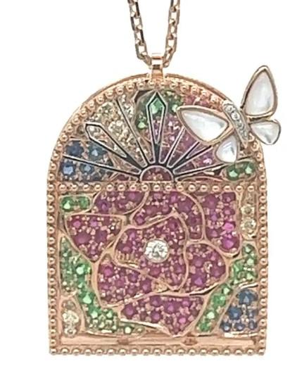 Multi-Gem & Sapphire Ruby Diamond Nature Floral Butterfly Gold Pendant Necklace