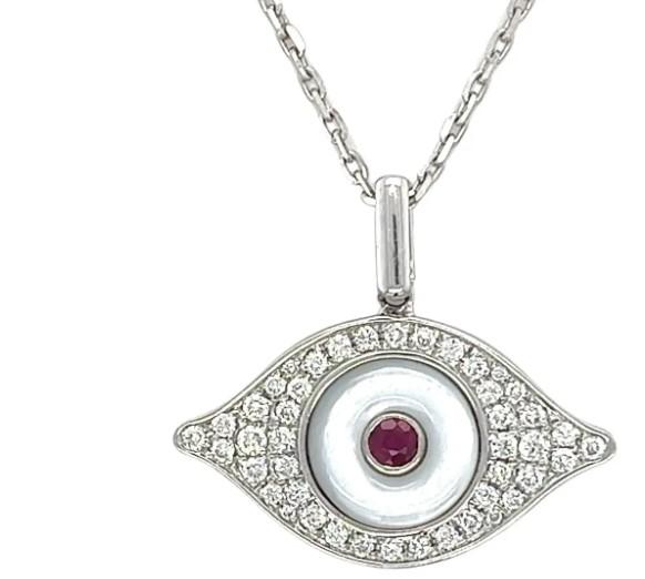 Evil Eye Ruby & White Diamond & White Pearl 18K White Gold Pendant Necklace