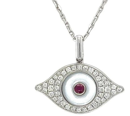 Evil Eye Ruby & White Diamond & White Pearl 18K White Gold Pendant Necklace