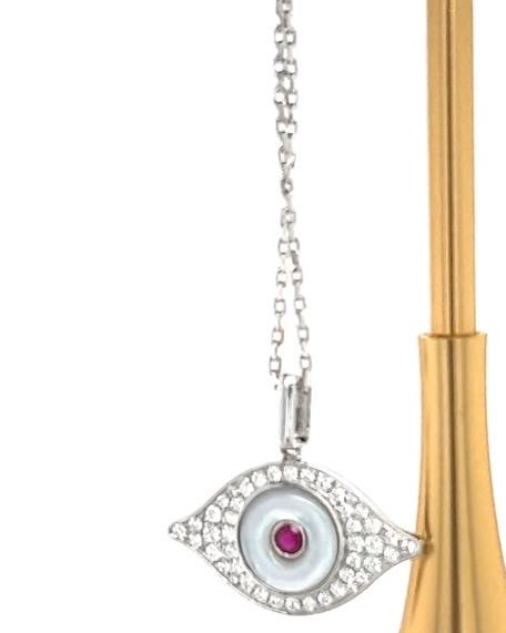 Evil Eye Ruby & White Diamond & White Pearl 18K White Gold Pendant Necklace