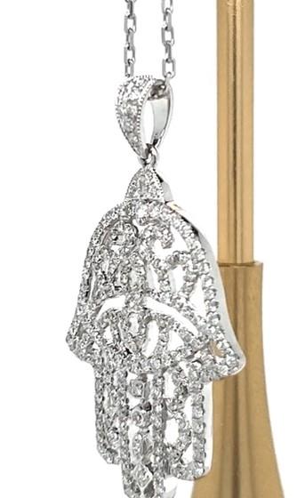 hamsa hand white diamond 18k white gold pendant necklace
