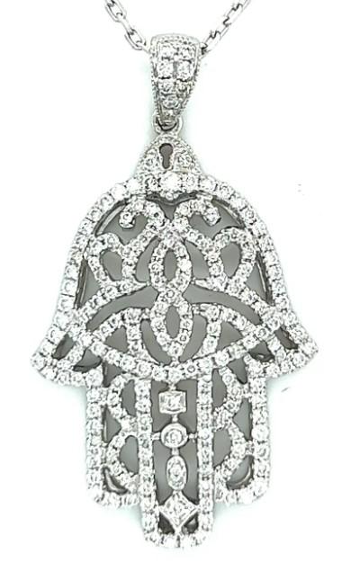 Hamsa Hand White Diamond 18K White Gold Pendant Necklace