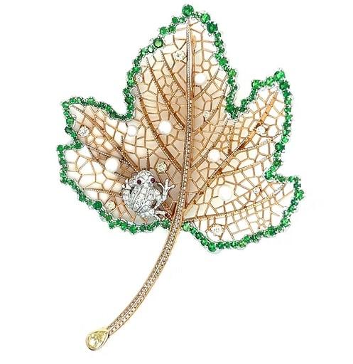 green garnet ruby & diamond 18k rose gold leaf frog brooch