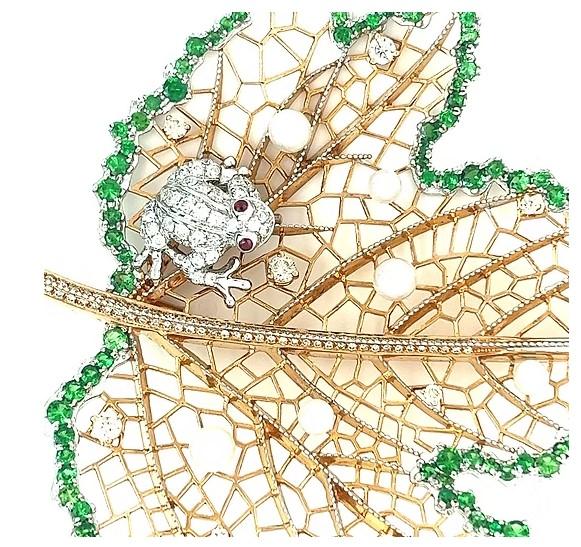 Green Garnet Ruby & Diamond 18K Rose Gold Leaf Frog Brooch