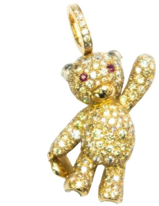 Fancy Diamond & Ruby 18K Yellow Gold Teddy Bear Pendant Necklace