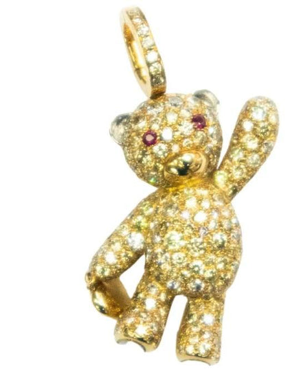 Fancy Diamond & Ruby 18K Yellow Gold Teddy Bear Pendant Necklace