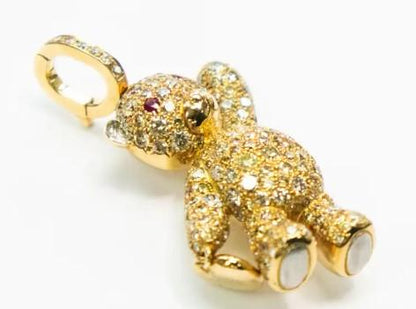 Fancy Diamond & Ruby 18K Yellow Gold Teddy Bear Pendant Necklace