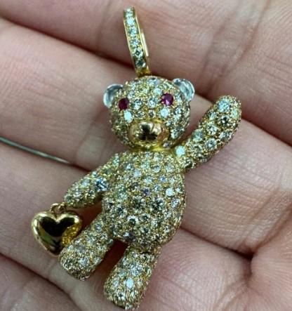 Fancy Diamond & Ruby 18K Yellow Gold Teddy Bear Pendant Necklace