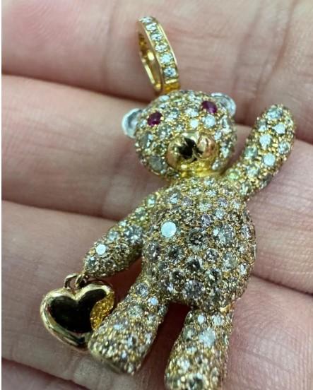 Fancy Diamond & Ruby 18K Yellow Gold Teddy Bear Pendant Necklace