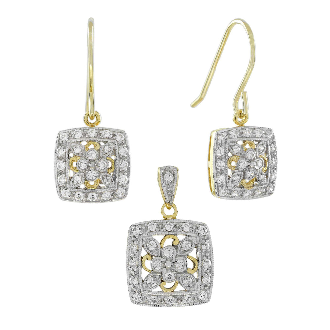 Diamond Vintage Style Floral Cluster Jewelry Set in Two Tone Gold